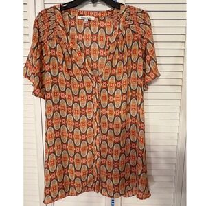 Rose + Olive Womens 2X Retro Geometric Print Smocked Shoulder Blouse Orange Blue
